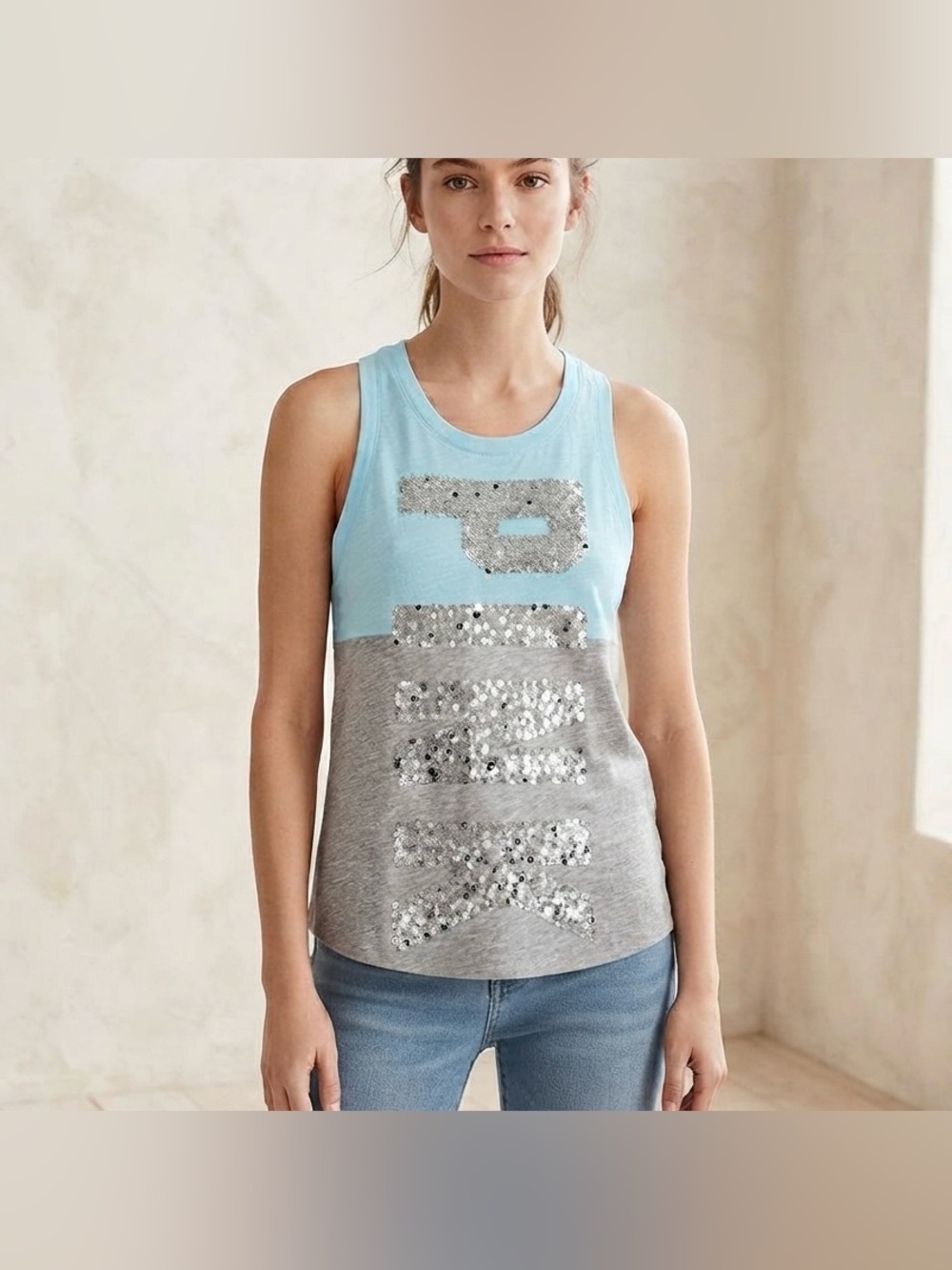 Victoria's Secret PINK Sequin Colorblock Blue Grey Racerback Tank Top XS